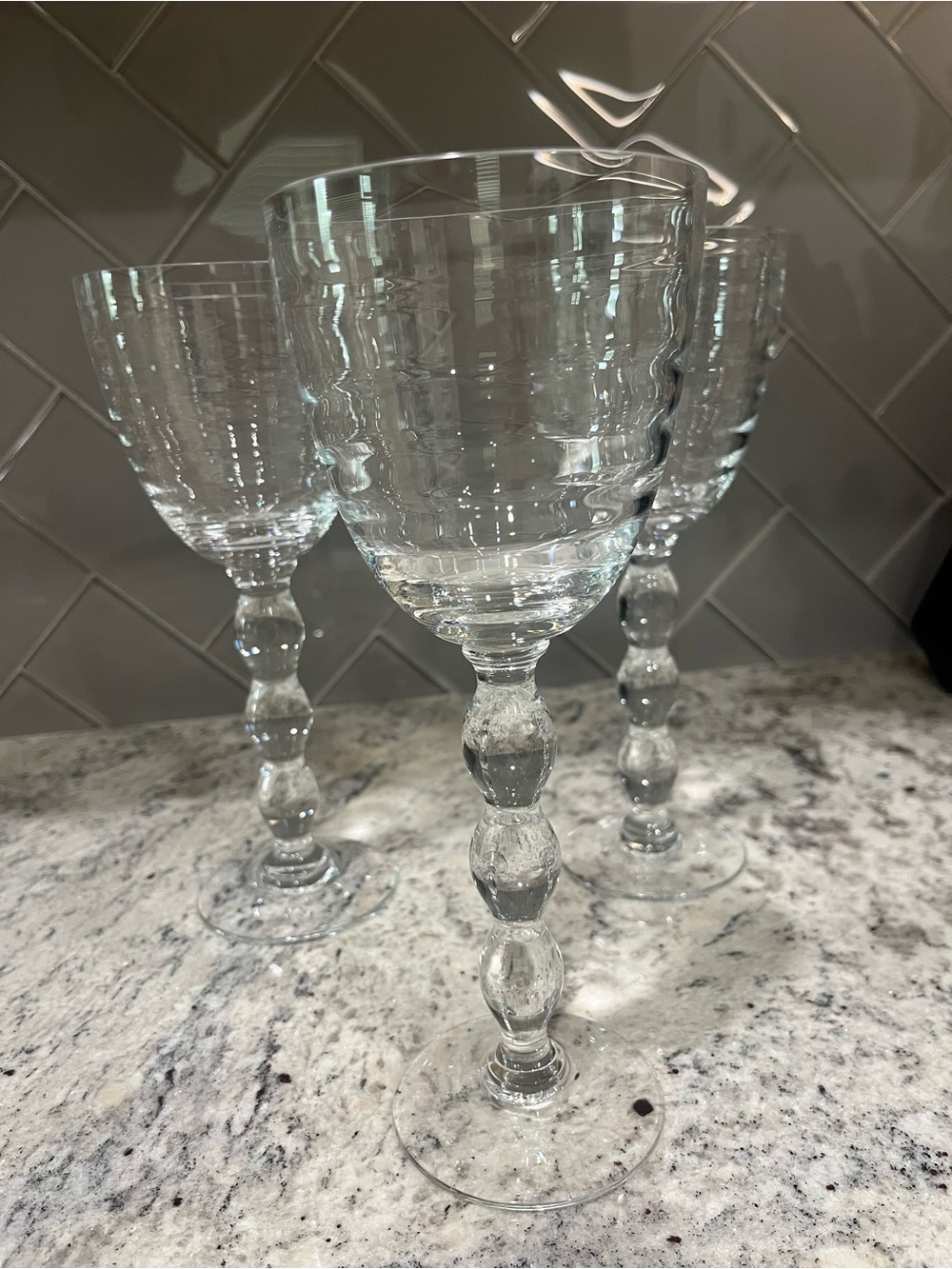 (3) Pottery Barn Asli Red Wine Glasses Set Clear Optic Bead Stemware Lot RARE